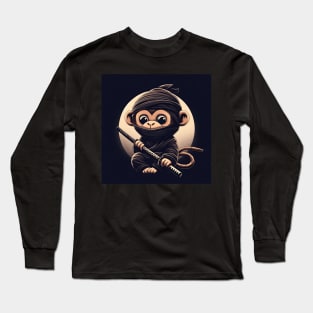 cute little ninja monkey with a katana sword on black background Long Sleeve T-Shirt